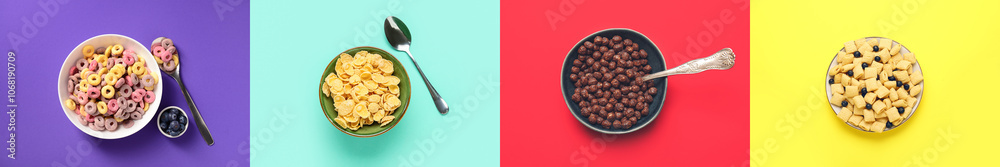 Fototapeta premium Collage of bowls of cereal breakfast on color backgrounds, top view
