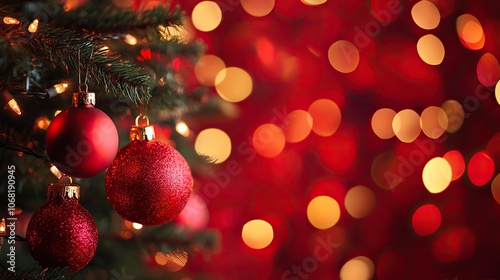 Christmas Tree In Red Shiny Glittering Background - Baubles Hanging On Fir With Abstract Lights