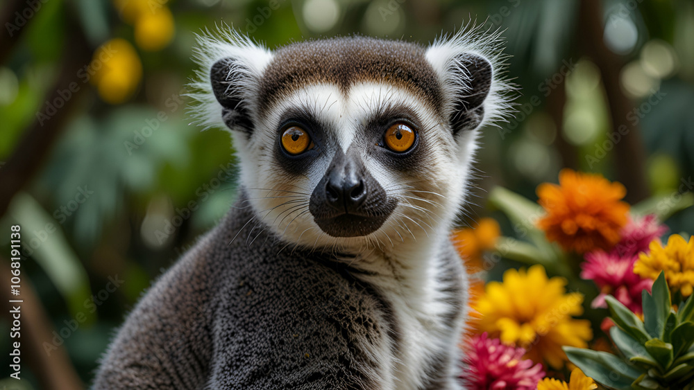 Obraz premium Lemur close-up with vivid yellow eyes among tropical fruits and flowers, vibrant exotic scene.