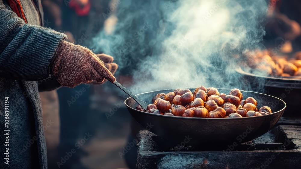 Fototapeta premium Warm Chestnuts from Street Vendor in Soft Light