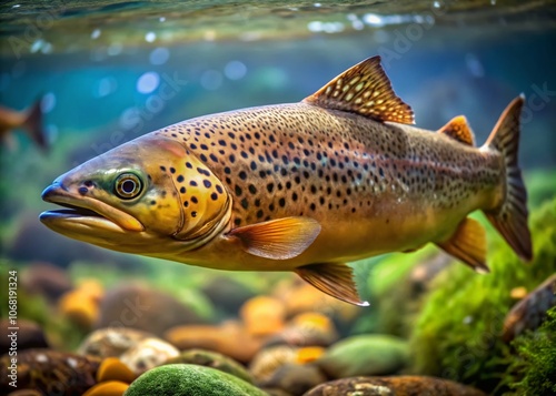 Close-Up of a Brown Trout Swimming in an Aquarium: Capturing the Delicate Details of Its Scales and Fins in a High-Quality Food Photography Style