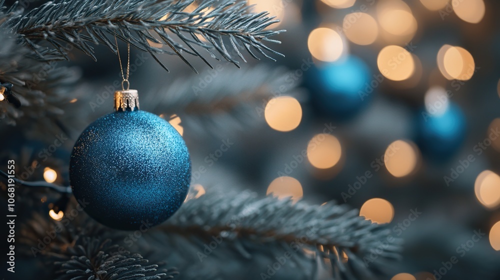Christmas Tree With Ornaments In Blue And Defocused Lights - Baubles Hanging On Fir Branches With Glittering In Abstract Background Christmas Tree With Ornaments In Blue And Defocused Lights - Baubles Hanging On Fir Branches With Glittering In Abstract Background