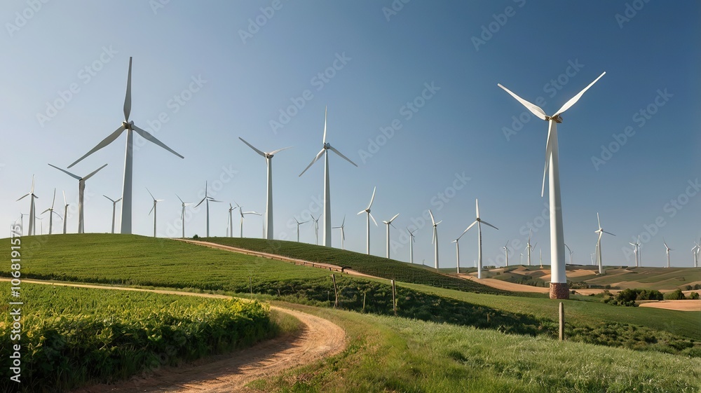 Majestic windmills rise on the hill, framed by the open sky. Majestic windmills rise on the hill, framed by the open sky.