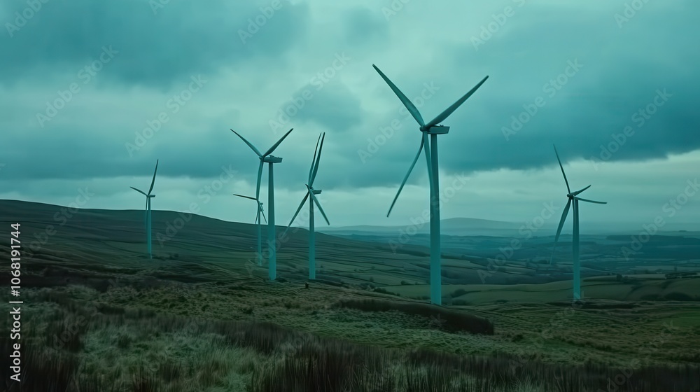 Wind Turbines in a Scenic Landscape with Cloudy Skies Wind Turbines in a Scenic Landscape with Cloudy Skies