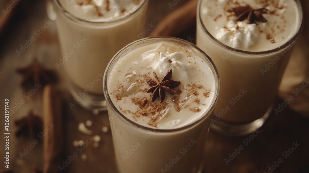 Indian tea drink, iced chai latte with warm winter spices and milk foam on top
