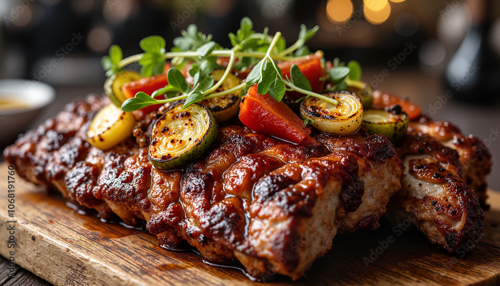 Grilled meat with roasted vegetables on wooden board Grilled meat with roasted vegetables on wooden board