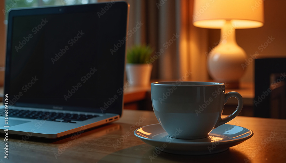 Empty Coffee Cup Next to Closed Laptop in Dim Light Empty Coffee Cup Next to Closed Laptop in Dim Light