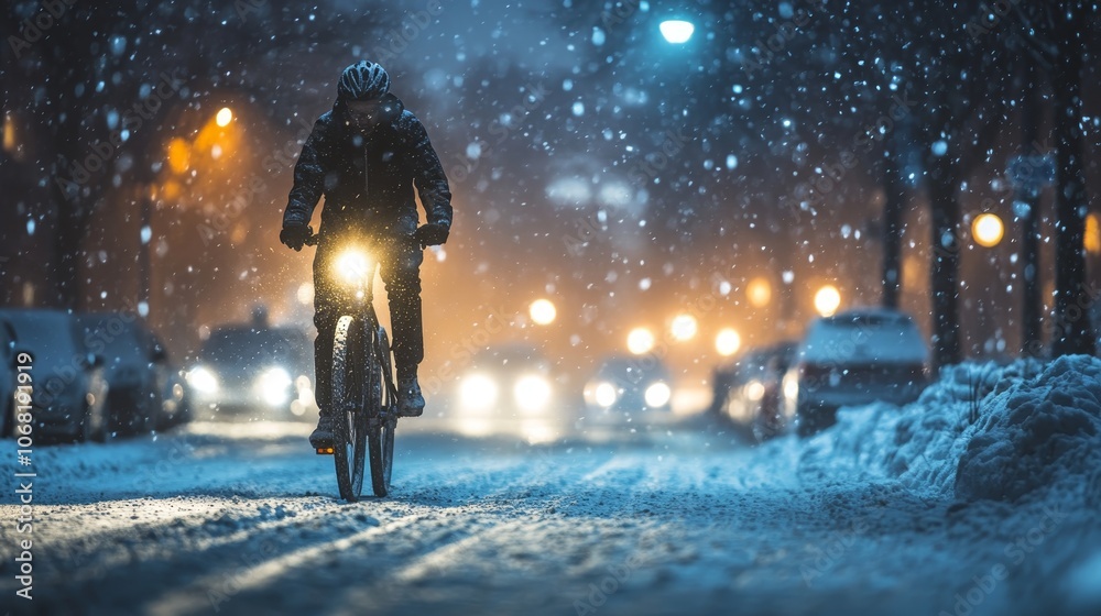 Cyclist navigates a snowy city at night, illuminated by bicycle headlight amidst falling snow Cyclist navigates a snowy city at night, illuminated by bicycle headlight amidst falling snow