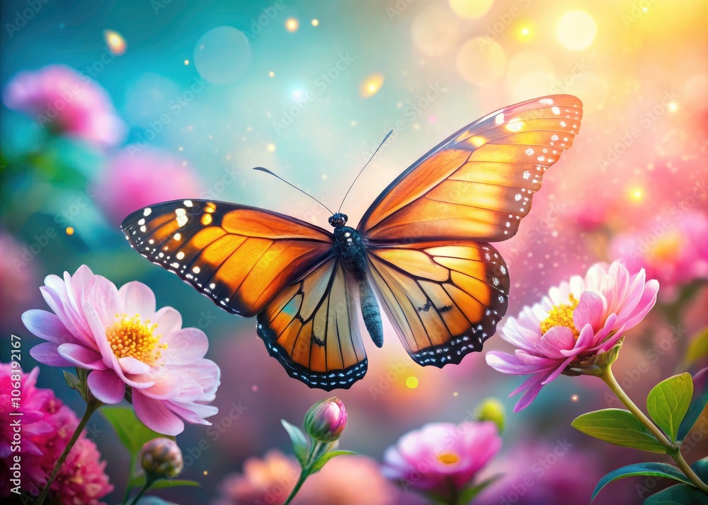 Colorful Butterfly with Pink Flower Petals in Ethereal Landscape - Serene Nature Portrait Photography, Vibrant Flora, Tranquil Setting, Ethereal Beauty, Wildlife Photography Colorful Butterfly with Pink Flower Petals in Ethereal Landscape - Serene Nature Portrait Photography, Vibrant Flora, Tranquil Setting, Ethereal Beauty, Wildlife Photography