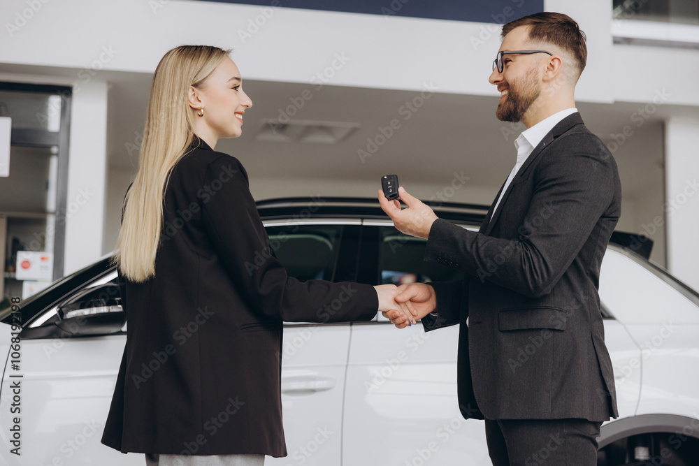Happy smiling salesman or manager gives keys and shakes hand to new car owner in car dealership