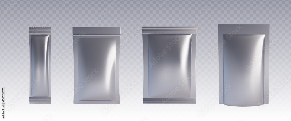 Pouch bag mockup set in silver metallic color on transparent background. Various shapes and sizes of blank packaging templates for food, cosmetic products and brand identity design presentations. Pouch bag mockup set in silver metallic color on transparent background. Various shapes and sizes of blank packaging templates for food, cosmetic products and brand identity design presentations.
