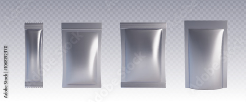 Pouch bag mockup set in silver metallic color on transparent background. Various shapes and sizes of blank packaging templates for food, cosmetic products and brand identity design presentations.