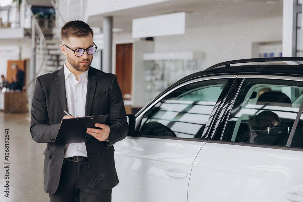 Handsome bearded car dealership worker in suit is holding a folder and smiling while standing near the car