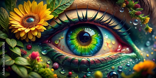 Close-Up of an Eye Integrating Nature's Elements with Lush Greenery and Vibrant Colors, Capturing the Essence of Life and Connection to the Environment in Macro Photography