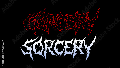 Sorcery vector typography design features jagged, spellbinding lettering with red and icy blue variations against a black background. The sharp, chaotic forms give a dark, magical vibe