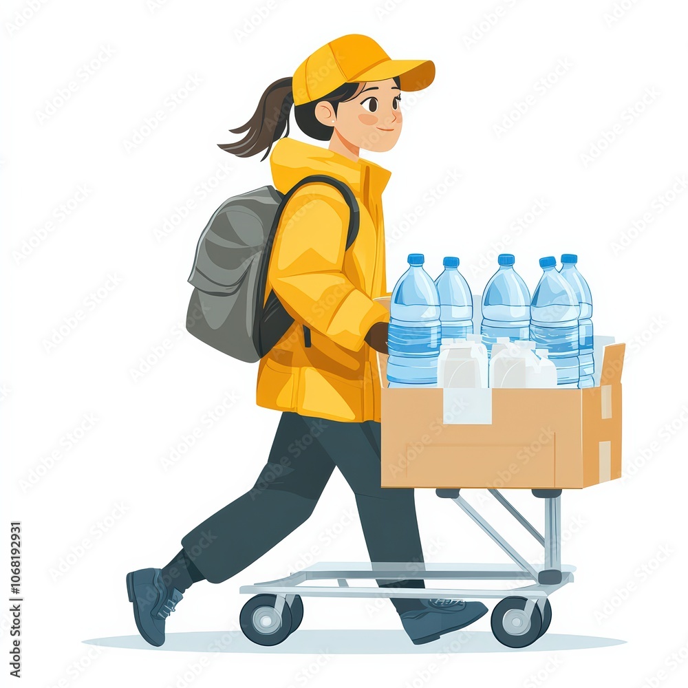 Vector of a delivery person carrying water bottles with a dolly