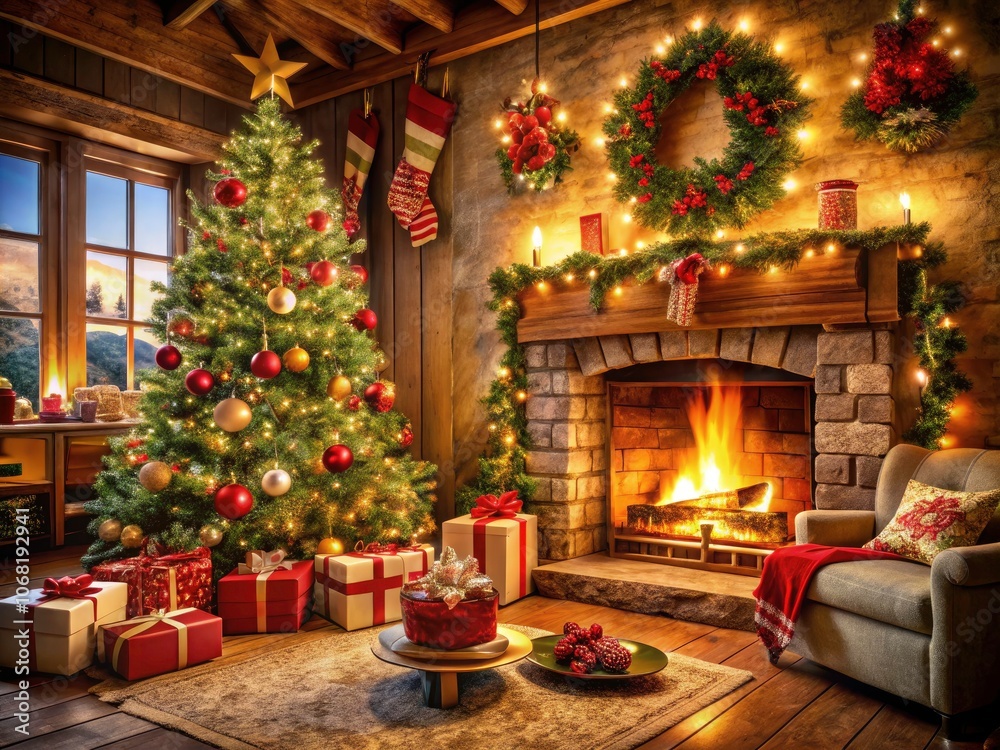 Cozy Holiday Scene with Fireplace, Christmas Tree, Warm Lights, and Festive Decor for a Perfect Winter Atmosphere