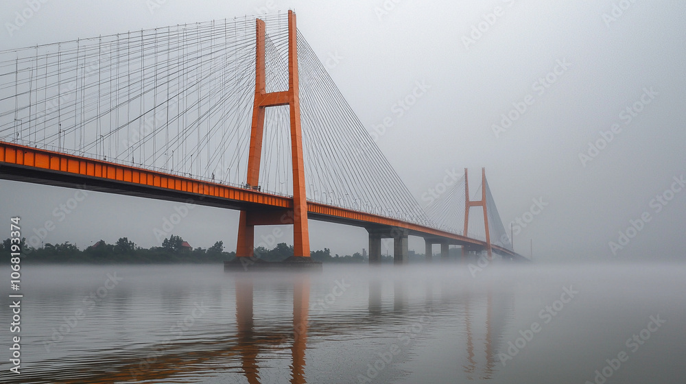 Obraz premium close-up of a large suspension bridge partially obscured by fog. slender towers and sweeping cables extending to the deck. 