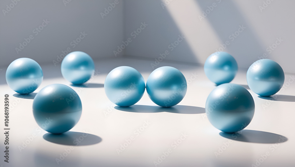 bright, light blue spheres of equal size, each with a slight sheen, arranged in a perfect formation against a clean, soft and calm light background. bright, light blue spheres of equal size, each with a slight sheen, arranged in a perfect formation against a clean, soft and calm light background.
