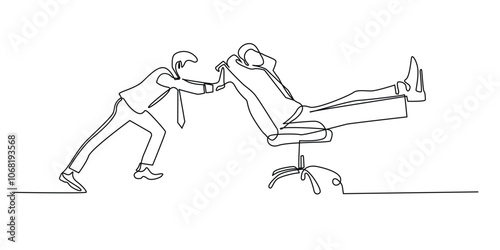 continuous line drawing of business man pushing boss sitting on chair.one line drawing of office worker challenge.single line vector illustration of employee oppression.isolated white background