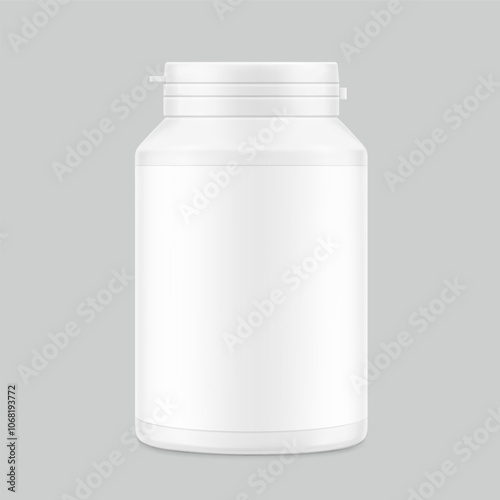 White plastic bottle container with snap-hinge cap. Vector illustration isolated on grey background. Front view. Mockup perfect show your product with tamper evident push-on hinged cap. EPS10.