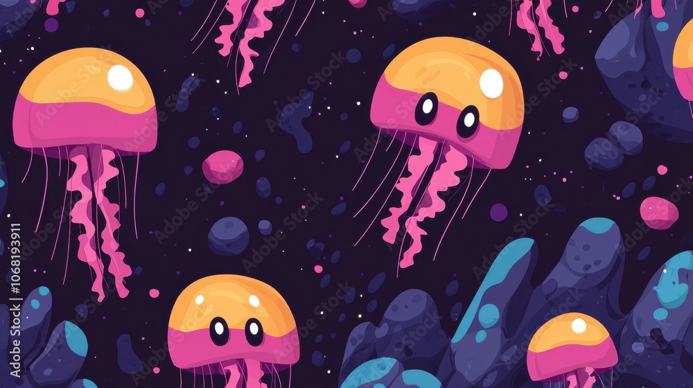 A whimsical illustration of jellyfish floating in a cosmic background, combining vibrant colors and playful design. A whimsical illustration of jellyfish floating in a cosmic background, combining vibrant colors and playful design.