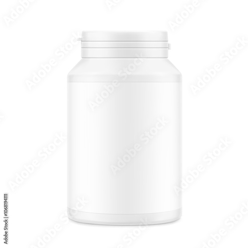 White plastic bottle container with snap-hinge cap. Vector illustration isolated on white background. Front view. Mockup perfect show your product with tamper evident push-on hinged cap. EPS10.