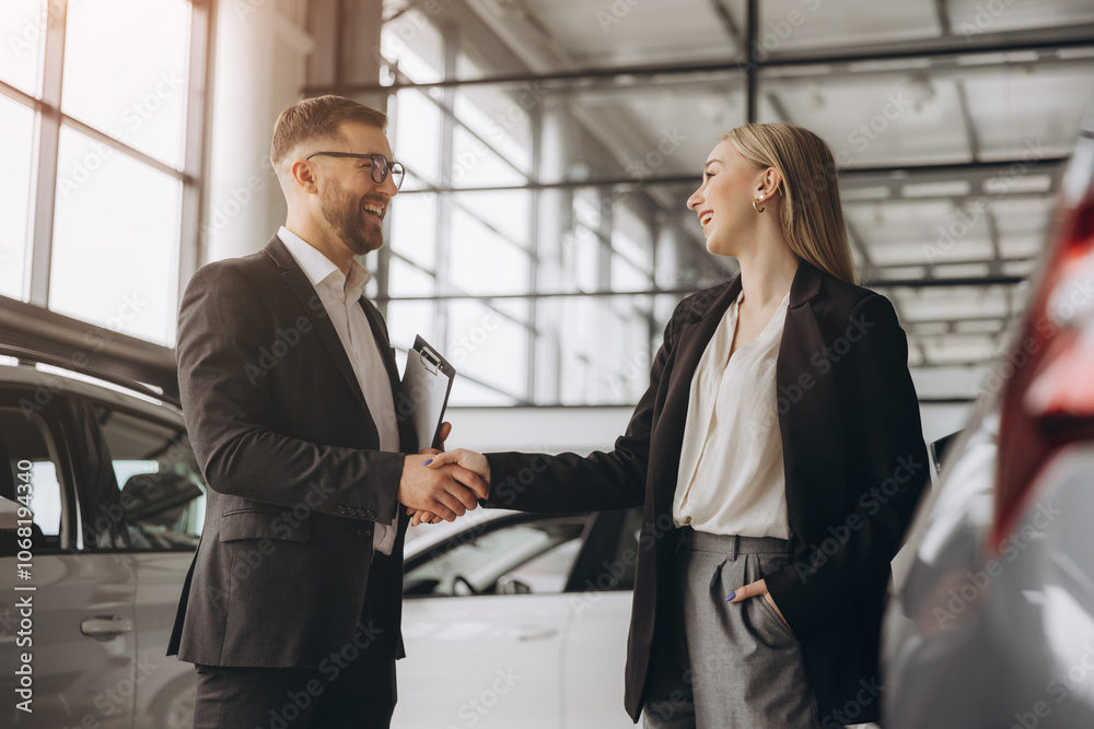 Happy woman buying a car and closing the deal with a handshake with the salesman at the dealership Happy woman buying a car and closing the deal with a handshake with the salesman at the dealership