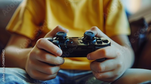 A child enjoys playing a video game at home with a joystick, fully immersed in a leisurely moment of gaming fun