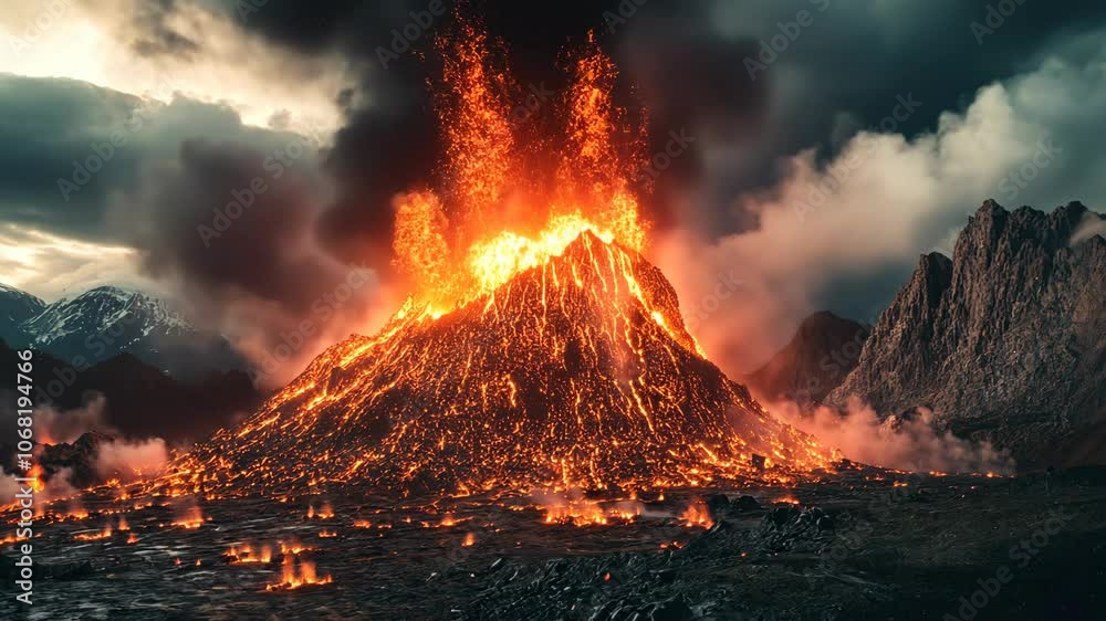 A fiery volcano erupts, sending lava flowing down its sides and smoke billowing into the air A fiery volcano erupts, sending lava flowing down its sides and smoke billowing into the air