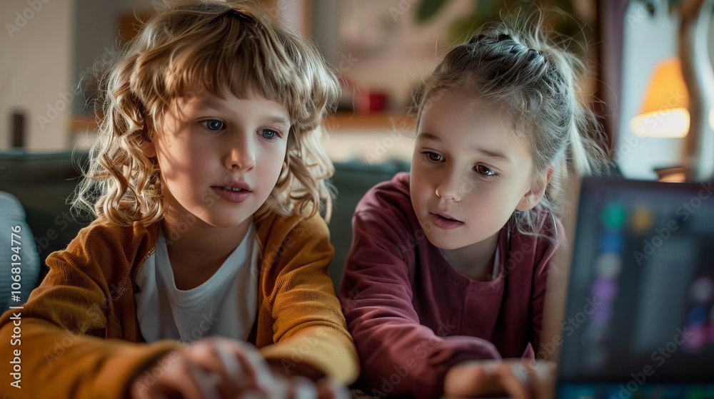 Children engaged in online learning at home, focused on their laptop Children engaged in online learning at home, focused on their laptop