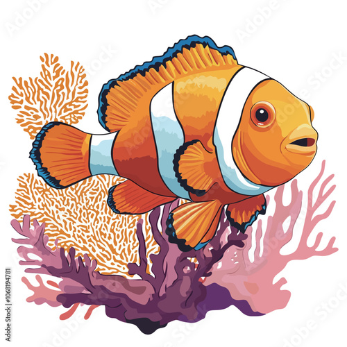 Clownfish on coral reef. Vector illustration of anemone fish. 