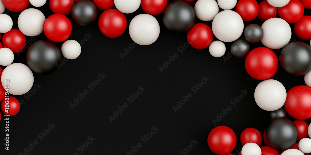 A vibrant arrangement of red, white, and black spheres on a dark background, creating a festive and playful aesthetic. A vibrant arrangement of red, white, and black spheres on a dark background, creating a festive and playful aesthetic.