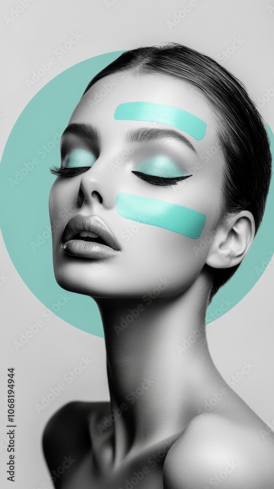 A graceful portrait featuring a woman's face adorned with teal brush marks and matching eyeshadow, set against a teal circular halo, manifesting timeless beauty. A graceful portrait featuring a woman's face adorned with teal brush marks and matching eyeshadow, set against a teal circular halo, manifesting timeless beauty.