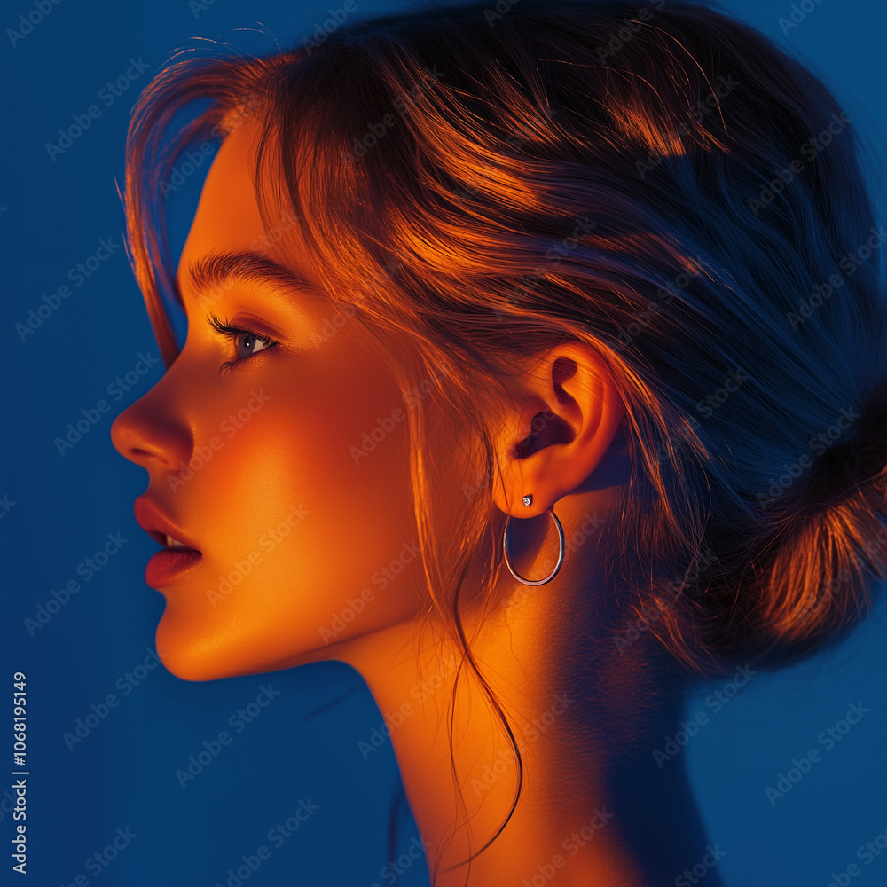 A profile portrait of a young woman with light skin and wavy hair styled in a loose, low bun, wearing a small diamond hoop earring, Dramatic Lighting