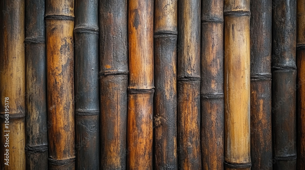 Close-up of bamboo stalks arranged vertically with textured overlapping lines in shades of green and brown. Close-up of bamboo stalks arranged vertically with textured overlapping lines in shades of green and brown.