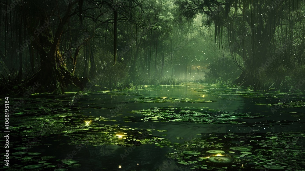 Obraz premium A mystical swamp lit by will-o-the-wisps where the water holds visions of the future and the past