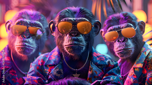 Creative animal concept. Ape in a group, vibrant bright fashionable outfits isolated on solid background advertisement, copy text space. birthday party invite invitation banner  photo