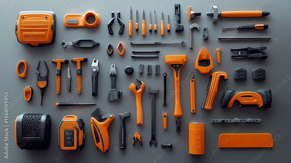 Various Hand Tools Flat Lay on Blue Background Various Hand Tools Flat Lay on Blue Background