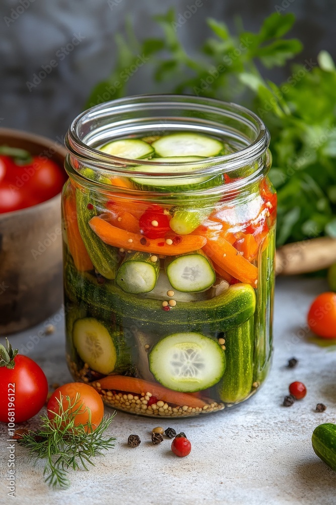 A beautifully composed jar of fresh assorted pickled vegetables capturing a vibrant mixture of colors and flavors on a rustic kitchen table setting. A beautifully composed jar of fresh assorted pickled vegetables capturing a vibrant mixture of colors and flavors on a rustic kitchen table setting.