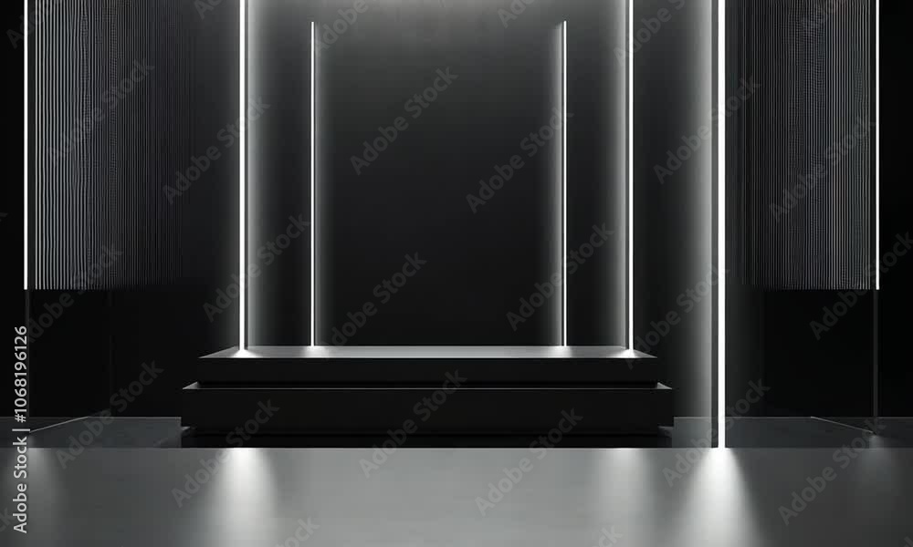Black Platform with Minimalist Lighting in a Dark Room Black Platform with Minimalist Lighting in a Dark Room