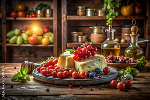 Elegant Double Exposure Cheese Platter with Grapes and Tomatoes in a Culinary Art Style for Gourmet Food Lovers and Entertaining Enthusiasts