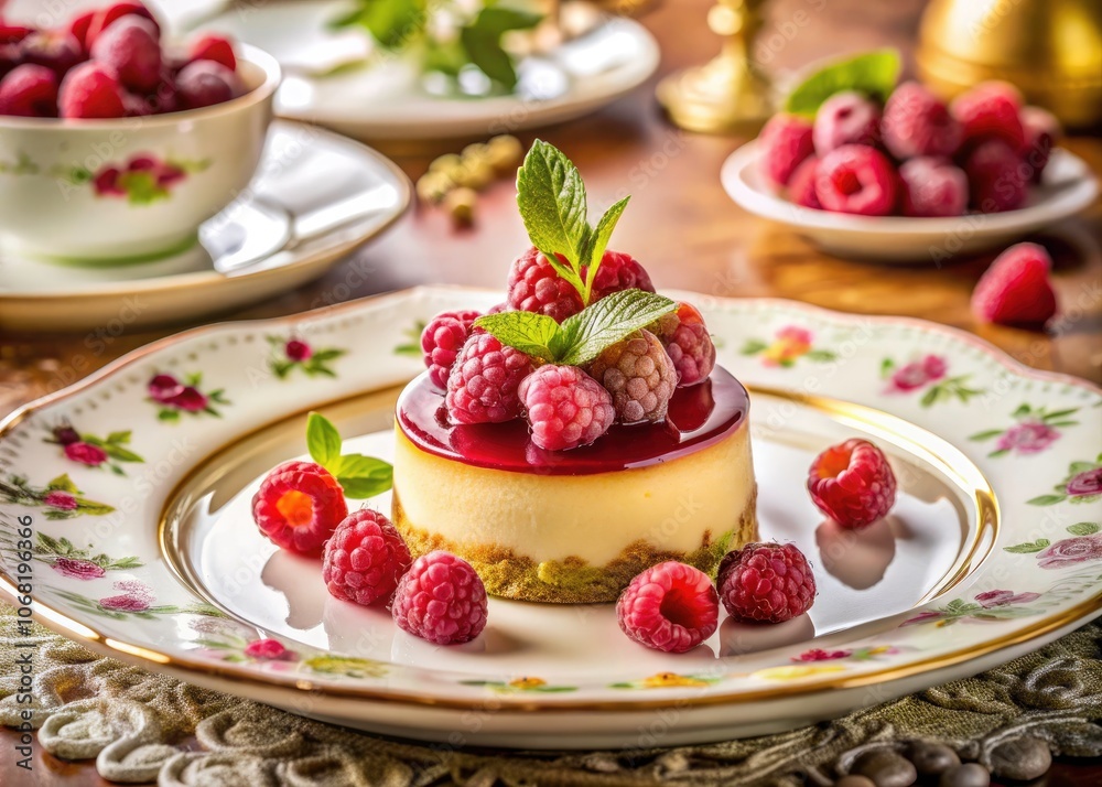 Elegant Gourmet Dessert with Raspberry and Edible Topping - Exquisite Culinary Art, High Depth of Field, Tempting Pastry, Fine Dining, Food Photography, Luxurious Treats, Sweet Indulgence
