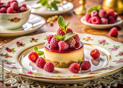 Elegant Gourmet Dessert with Raspberry and Edible Topping - Exquisite Culinary Art, High Depth of Field, Tempting Pastry, Fine Dining, Food Photography, Luxurious Treats, Sweet Indulgence