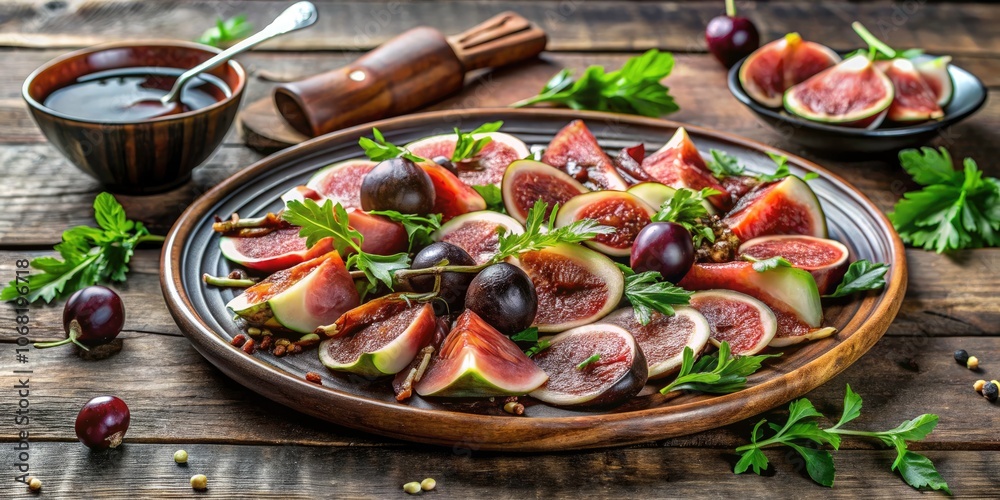 Elegant Presentation of Fresh Figs and Thinly Sliced Prosciutto with Balsamic Glaze, Perfect for Gourmet Appetizers and Charcuterie Boards Elegant Presentation of Fresh Figs and Thinly Sliced Prosciutto with Balsamic Glaze, Perfect for Gourmet Appetizers and Charcuterie Boards