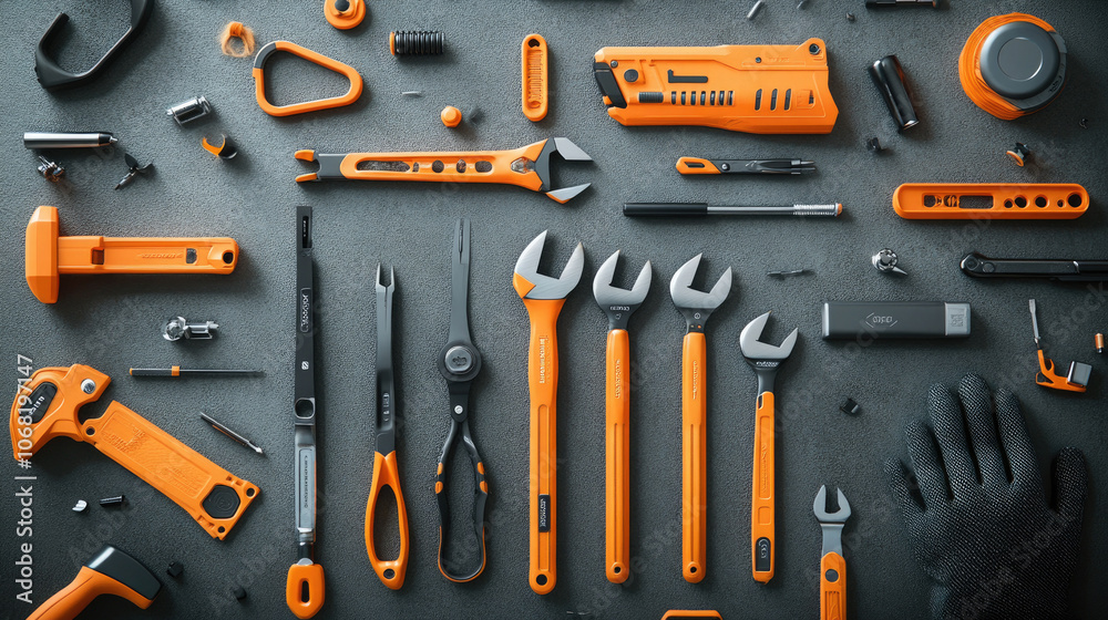 Various Hand Tools Flat Lay on Blue Background Various Hand Tools Flat Lay on Blue Background