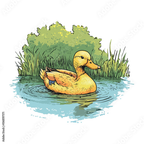 Duck swimming in the pond. Hand drawn vector sketch illustration. 