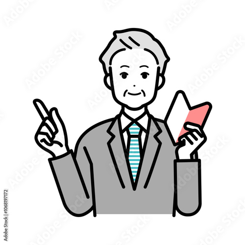 Illustration of a businessperson male holding a young-leaf mark. 