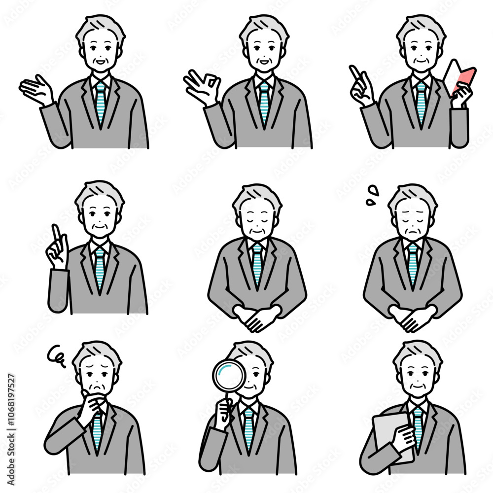 Clip art set of male businessperson in various poses.
Clip art set of male businessperson in various poses.