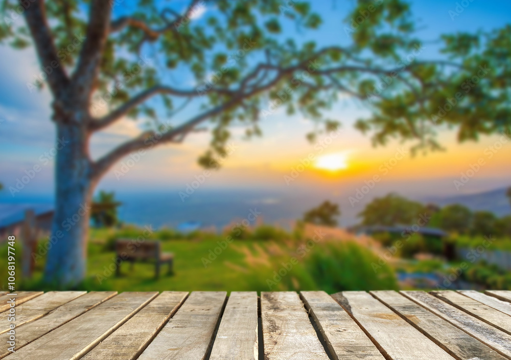 Wooden table top on blur mountain and grass field,flower.Fresh and Relax concept.For montage product display or design key visual layout.View of copy space. Wooden table top on blur mountain and grass field,flower.Fresh and Relax concept.For montage product display or design key visual layout.View of copy space.